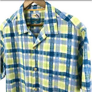 Tommy Bahama Blue and Green Plaid Casual Button Down Shirt